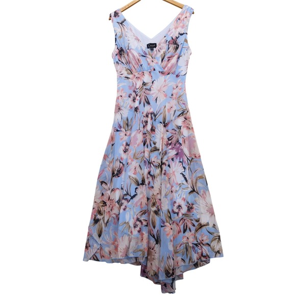 connected apparel Dresses & Skirts - vtg Y2K Connected Apparel Floral Midi Dress Sz 12 Blue Pink Handkerchief Hem